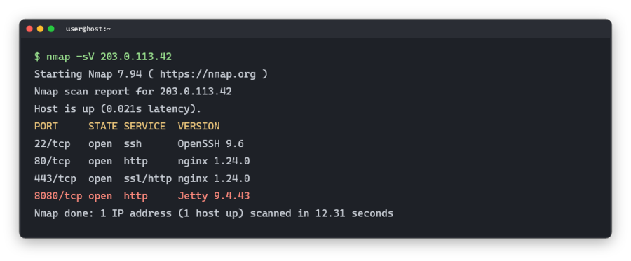 The same terminal output inside a rounded dark terminal window with colored dots and the title user@host:~.