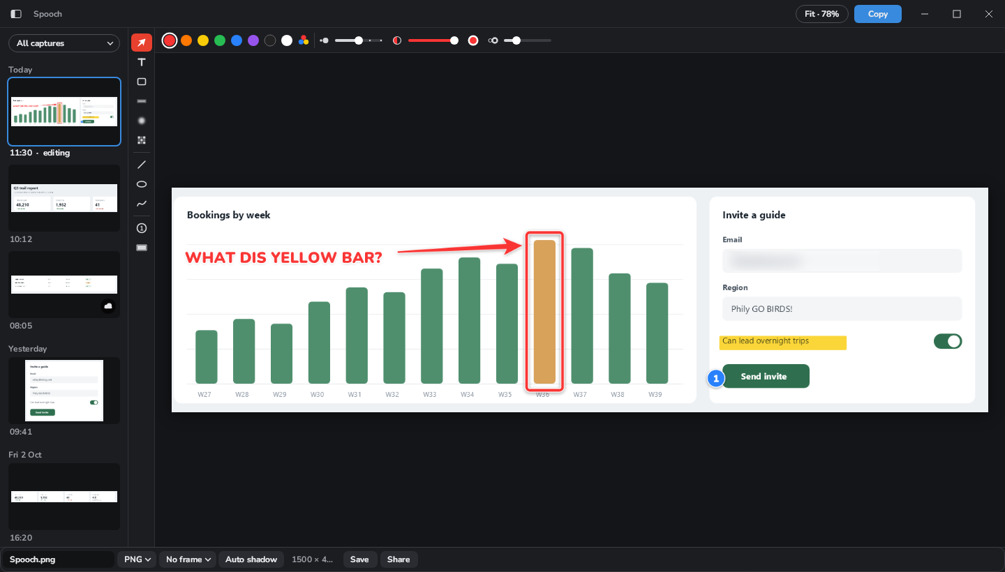 The Spooch editor window: a gallery of earlier captures down the left, one with a small cloud for shared, the tool rail and style row, and a chart capture with an arrow, a box and a label.